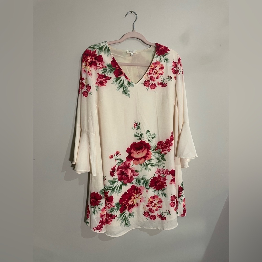 Umgee White Floral Mini Dress with Bell Sleeveses